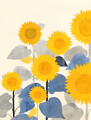 JPG 식물 꽃 예술 잎 일러스트 자연 해바라기 밝음 풍경 그래픽 여름 햇빛 노란색 원근감 화사함 조화 뷰티풀 색감 차분 국내일러스트 AI일러스트 AI콘텐츠 계절 뷰포인트 컬러 컨셉 태양 생태계 파일형식