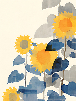 JPG 식물 꽃 예술 컬러 하늘색 백그라운드 일러스트 자연 해바라기 수채화 따뜻함 풍경 여름 그림 조화 뷰티풀 색채 국내일러스트 AI일러스트 AI콘텐츠 계절 파란색 생태계 파일형식