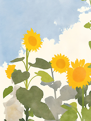 JPG 식물 꽃 행복 백그라운드 잎 일러스트 자연 생명 해바라기 수채화 미소 풍경 여름 햇빛 노란색 흰색 만개 뷰티풀 색채 싱그러움 국내일러스트 AI일러스트 AI콘텐츠 계절 감정 컬러 표정 태양 생태계 파일형식