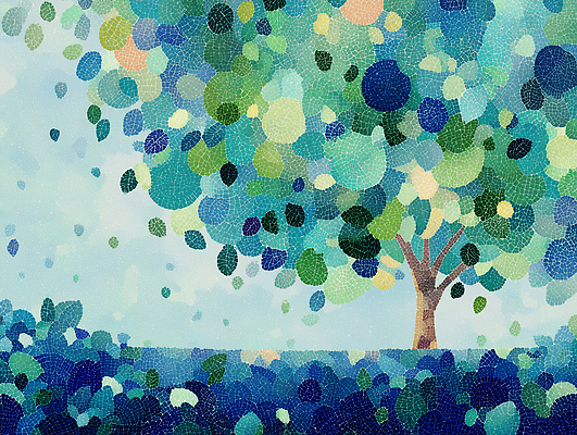 JPG 나무 디자인 예술 컬러 백그라운드 잎 일러스트 자연 하늘 생명 미술 풍경 여름 파란색 환경 감각 질감 감성 조화 뷰티풀 색채 국내일러스트 AI일러스트 AI콘텐츠 식물 계절 컨셉 문화예술 생태계 파일형식