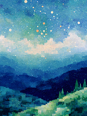 JPG 감정 예술 컬러 일러스트 자연 하늘 풍경 그래픽 파란색 평화 고요 밤 숲 편안함 오브젝트 조화 별빛 뷰티풀 산맥 국내일러스트 AI일러스트 AI콘텐츠 별 컨셉 산 빛 견과류 감각 생태계 파일형식