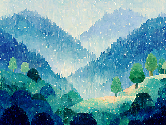 JPG 나무 컬러 일러스트 자연 하늘 아침 산 풍경 여름 평화 고요 안개 숲 신비 조화 깊이 산들바람 국내일러스트 AI일러스트 AI콘텐츠 주간 식물 계절 컨셉 바람 날씨 생태계 파일형식