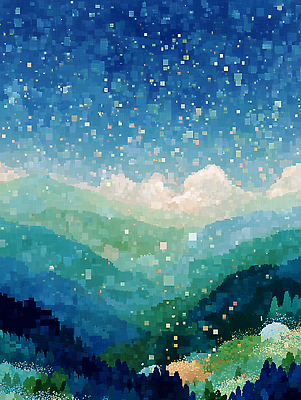 JPG 구름 컬러 야경 일러스트 자연 하늘 산 풍경 초록색 파란색 고요 시원함 땅 부드러움 별빛 여름밤 풍경화 수평선 국내일러스트 AI일러스트 AI콘텐츠 자연요소 별 여름 빛 감각 야간 그림 생태계 파일형식 풍경_경치