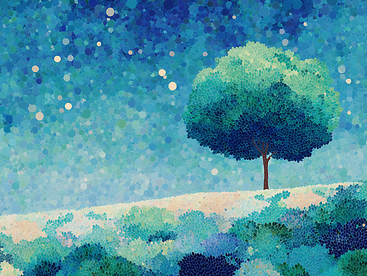 JPG 나무 실루엣 별 예술 컬러 백그라운드 일러스트 자연 하늘 생명 산 풍경 초원 파란색 평화 고요 숲 그림 조화 몽환 국내일러스트 AI일러스트 AI콘텐츠 자연요소 식물 컨셉 촬영기법 생태계 파일형식