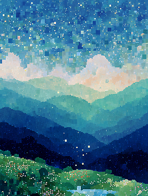 JPG 별 컬러 하늘색 일러스트 자연 하늘 수채화 산 풍경 초원 반짝임 점 밤 저녁 조화 뷰티풀 피크 전경 국내일러스트 AI일러스트 AI콘텐츠 자연요소 모션 파란색 견과류 야간 생태계 파일형식 탑뷰