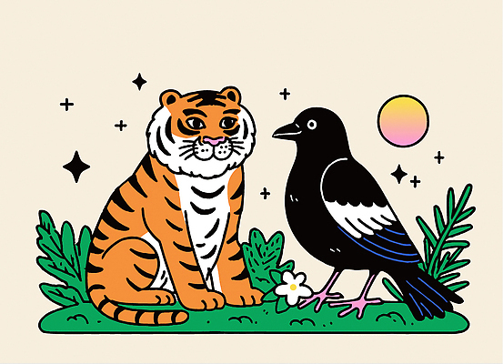 식물 동물 일러스트 자연 동화 휴식 초록색 여름 친구 귀여움 정원 화려 호랑이 까마귀 동시 국내일러스트 AI파일 계절 컬러 컨셉 포유류 관계 조류 생태계 파일형식 벡터