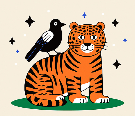 동물 컬러 일러스트 자연 표정 잔디 초원 친구 귀여움 만남 호랑이 포근함 조화 까마귀 국내일러스트 AI파일 식물 컨셉 포유류 관계 조류 감각 생태계 파일형식 벡터