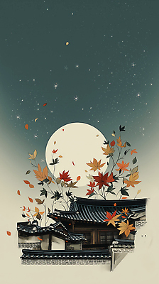 JPG 전통 계절 단풍 일러스트 자연 밤하늘 나뭇잎 한옥 풍경 빨간색 노란색 고요 가을 달빛 국내일러스트 AI일러스트 AI콘텐츠 한국전통 컬러 고건축 잎 하늘 달 야간 생태계 파일형식