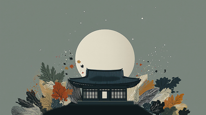 JPG 식물 전통 디자인 문화 단풍 일러스트 자연 하늘 한옥 풍경 평화 가을 저녁 달빛 조용 뷰티풀 국내일러스트 AI일러스트 AI콘텐츠 한국전통 계절 컨셉 고건축 잎 달 야간 생태계 파일형식