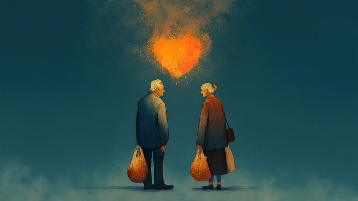 JPG 커플 시선 노년 행복 감정 가방 일러스트 가족 관계 따뜻함 사랑 라이프 노부부 마음 표현 시간 고독 동행 소통 인간관계 국내일러스트 AI일러스트 AI콘텐츠 부부 잡화 컨셉 성인 생활 파일형식