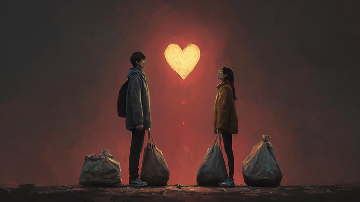 JPG 시선 감정 상징 백그라운드 일러스트 청소년 봉투 조명 거리 따뜻함 사랑 청춘 만남 하트 표현 쓰레기 연결 소중 감성 순간 국내일러스트 AI일러스트 AI콘텐츠 모양 컨셉 사람 파일형식