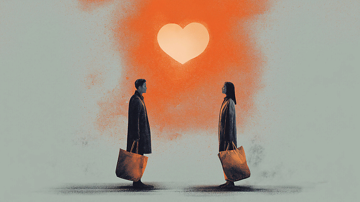 JPG 시선 감정 길 예술 가방 일러스트 관계 거리 사랑 사람 일상 반짝임 주황색 만남 하트 표현 분위기 연결 순간 외모 국내일러스트 AI일러스트 AI콘텐츠 모양 잡화 컬러 컨셉 모션 라이프 파일형식