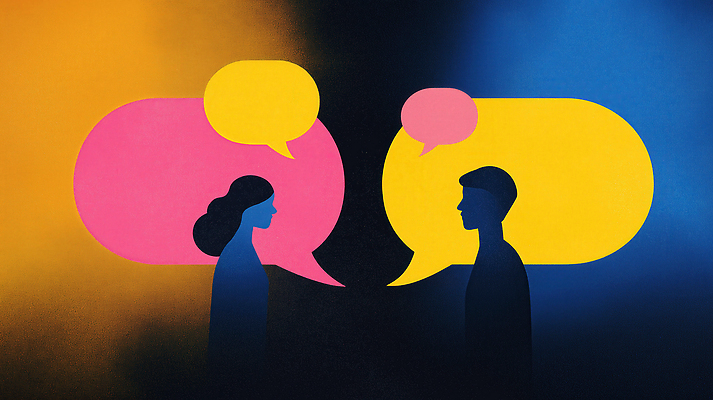 JPG 캐릭터 디자인 여자 남자 감정 컬러 백그라운드 말풍선 일러스트 대화 파란색 노란색 표현 교류 소통 의사소통 국내일러스트 AI일러스트 AI콘텐츠 컨셉 말하기 사람 파일형식