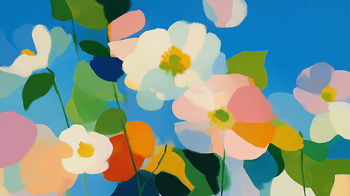 JPG 식물 꽃잎 꽃 분홍색 컬러 꽃밭 일러스트 자연 하늘 풍경 초록색 여름 노란색 흰색 코스모스 부드러움 화사함 조화 만개 생동감 국내일러스트 AI일러스트 AI콘텐츠 계절 컨셉 감각 생태계 파일형식