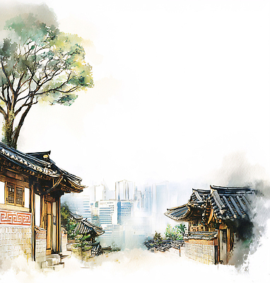 JPG 나무 전통 건축 문화 예술 여행 일러스트 자연 하늘 거리 한옥 한국 풍경 건물 도시 과거 조화 뷰티풀 풍경화 현재 국내일러스트 AI일러스트 AI콘텐츠 식물 한국전통 건축물 아시아 컨셉 고건축 그림 생태계 파일형식