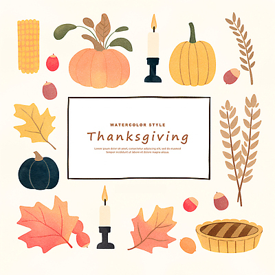 JPG 전통 계절 예술 컬러 단풍 일러스트 자연 호박 수채화 곡류 장식 캐주얼 농작물 가을 감사 촛대 파이 추수감사절 국내일러스트 AI일러스트 AI콘텐츠 옷 감정 기독교 빵 잎 농업 채소 생태계 파일형식