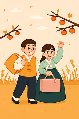 JPG 나무 전통 행복 문화 컬러 과일 일러스트 가족 자연 감 친구 햇빛 소풍 가을 농촌 한복 즐거움 국내일러스트 AI일러스트 AI콘텐츠 식물 한국전통 계절 감정 관계 태양 야외활동 시골 전통의상 생태계 파일형식