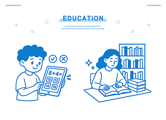 학생 교육 어린이 일러스트 교실 책 학습 태블릿 독서 교양 정보 수학 도서관 질문 집중 교과서 학원 문제 학습도구 답 국내일러스트 AI파일 컨셉 교과목 학교 교재 사람 전자제품 스마트기기 교육용품 파일형식 벡터