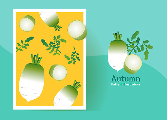 식물 디자인 컬러 백그라운드 잎 패턴 채소 일러스트 자연 그래픽 장식 농작물 노란색 가을 무 디지털아트 국내일러스트 AI파일 계절 무늬 농업 뿌리채소 생태계 파일형식 벡터