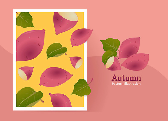 디자인 예술 음식 컬러 백그라운드 잎 패턴 채소 일러스트 자연 한국 건강 그래픽 농작물 수확 가을 그림 고구마 색감 국내일러스트 AI파일 식물 계절 아시아 무늬 농업 뿌리채소 생태계 파일형식 벡터