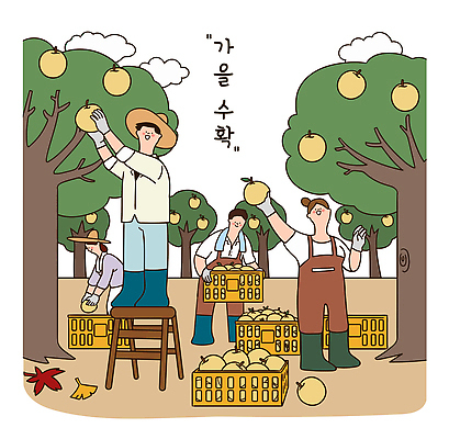 나무 열매 과일 일러스트 모션 자연 협력 농장 농사 트럭 수확 가을 작업 배 시장 농부 지역 수확철 일손 풍요 국내일러스트 AI파일 식물 직업 계절 컨셉 농업 자동차 생태계 파일형식 벡터
