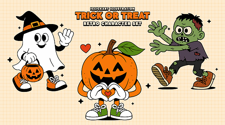캐릭터 디자인 상징 일러스트 놀이 호박 사탕 파티 축제 할로윈 분위기 유령 즐거움 복고 공포 좀비 일러캐릭터 AI파일 감정 컨셉 채소 디저트 이벤트 파일형식 벡터