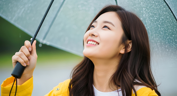 JPG 편집이미지 여자 행복 감정 우산 자연 하늘 날씨 표정 미소 풍경 쇼핑 청춘 노란색 빗방울 비석 의료성형뷰티 편집실사 AI인물포토 AI콘텐츠 컬러 컨셉 사람 비_날씨 CG 생태계 파일형식 AI포토