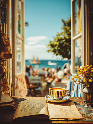 JPG 편집이미지 여유 커피 음료 바다 창문 자연 탁자 대화 여러명 해변 햇빛 공책 카페 수면 소음 편집실사 AI포토 AI콘텐츠 감정 가구 다수 문구용품 말하기 사람 물 태양 상점 소리 CG 생태계 파일형식