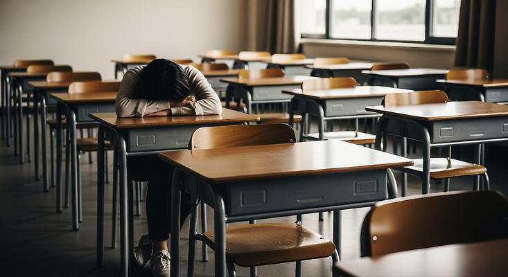 JPG 편집이미지 학생 감정 생각 교실 학습 시간 분위기 고독 책상 고민 조용 소외감 우울감 혼자 의료성형뷰티 편집실사 AI인물포토 AI콘텐츠 교육 가구 컨셉 학교 CG 파일형식 AI포토