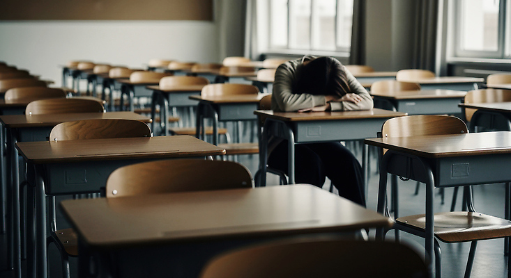 JPG 편집이미지 학생 교육 교실 스트레스 피곤 학습 작업 집중 책상 과제 조용 빈자리 소외감 혼자 의료성형뷰티 편집실사 AI인물포토 AI콘텐츠 가구 컨셉 학교 CG 파일형식 AI포토