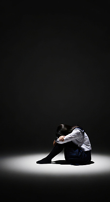 JPG 편집이미지 여자 감정 앉기 어둠 공간 슬픔 표현 고독 무릎 심리 우울감 의료성형뷰티 편집실사 AI인물포토 AI콘텐츠 모션 사람 신체부위 CG 파일형식 AI포토