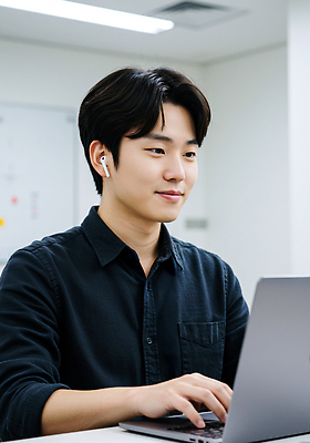 JPG 편집이미지 남자 이어폰 커뮤니케이션 기술 노트북 사무실 환경 디지털 작업 집중 모던 의료성형뷰티 편집실사 AI인물포토 AI콘텐츠 음향기기 컨셉 비즈니스 사람 전자제품 CG 파일형식 AI포토