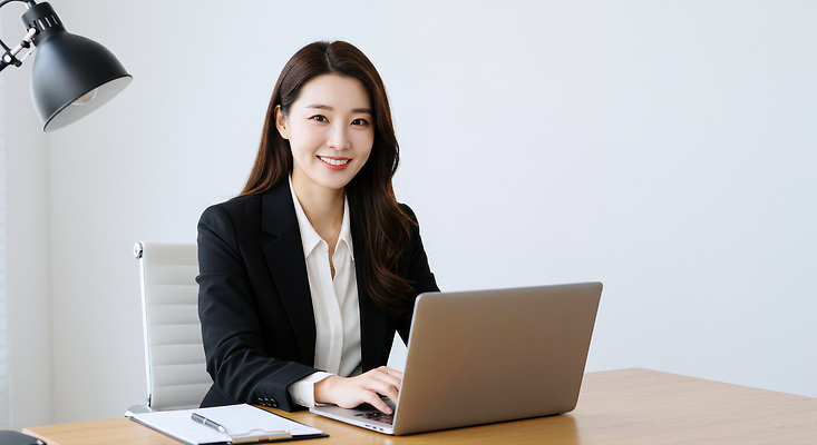 JPG 편집이미지 여자 의자 직장 대화 미소 일상 컴퓨터 사무실 환경 공책 작업 책상 의료성형뷰티 편집실사 AI인물포토 AI콘텐츠 가구 회사 비즈니스 문구용품 표정 말하기 사람 라이프 전자제품 CG 파일형식 AI포토