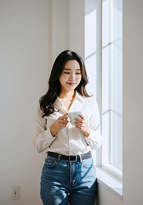 JPG 편집이미지 여자 커피 창문 아침 휴식 미소 일상 햇빛 청바지 분위기 편안함 창가 블라우스 순간 의료성형뷰티 편집실사 AI인물포토 AI콘텐츠 주간 음료 컨셉 상의 바지 표정 사람 라이프 태양 감각 CG 파일형식 AI포토