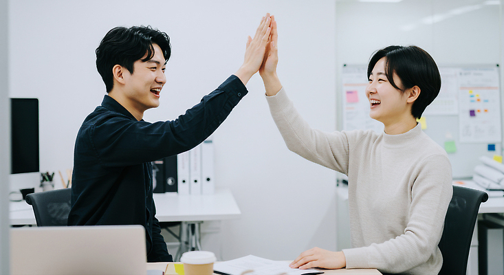 JPG 편집이미지 관계 회의 협력 직장 웃음 사무실 기쁨 직원 하이파이브 소통 긍정적 참여 의료성형뷰티 편집실사 AI인물포토 AI콘텐츠 감정 컨셉 회사 비즈니스 표정 손짓 CG 파일형식 AI포토