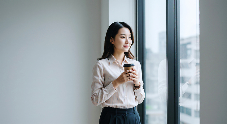 JPG 편집이미지 여자 커피 생각 창문 아침 일상 사무실 평화 감상 도시 작업 커피잔 창가 사색 의료성형뷰티 편집실사 AI인물포토 AI콘텐츠 주간 음료 컨셉 비즈니스 잔 사람 라이프 CG 파일형식 AI포토