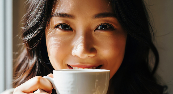 JPG 편집이미지 여자 감정 여유 얼굴 커피 음료 아침 대화 미소 햇빛 카페 시간 창가 즐거움 의료성형뷰티 편집실사 AI인물포토 AI콘텐츠 주간 창문 표정 말하기 사람 신체부위 태양 상점 CG 파일형식 AI포토