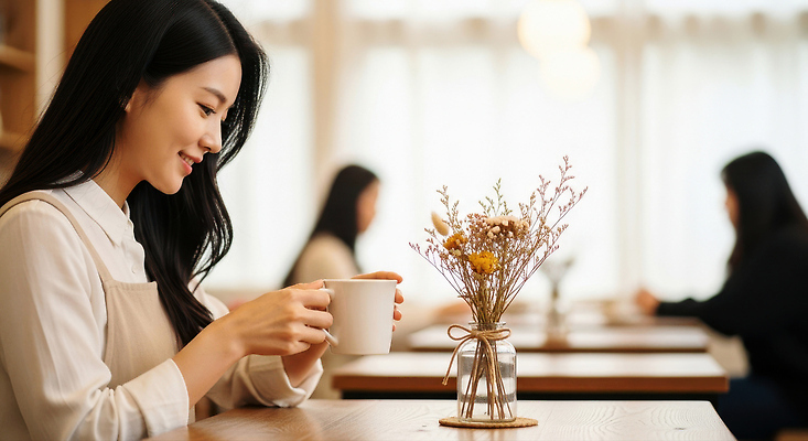 JPG 편집이미지 여자 꽃 커피 음료 탁자 휴식 대화 미소 친구 카페 분위기 편안함 고객 즐거움 뷰티풀 의료성형뷰티 편집실사 AI인물포토 AI콘텐츠 식물 감정 가구 컨셉 관계 표정 말하기 사람 상점 감각 CG 파일형식 AI포토
