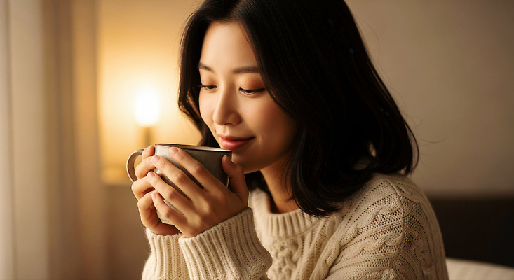 JPG 편집이미지 여자 휴식 조명 실내 따뜻함 미소 컵 식사 차 편안함 즐거움 향기 순간 의료성형뷰티 편집실사 AI인물포토 AI콘텐츠 식기 감정 음료 컨셉 표정 사람 내부 감각 CG 냄새 파일형식 AI포토