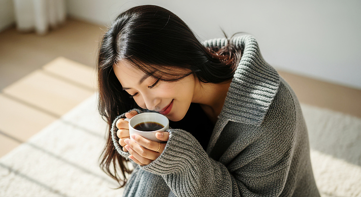 JPG 편집이미지 여자 커피 생각 따뜻함 일상 방 회색 분위기 편안함 스웨터 니트 의료성형뷰티 안락 편집실사 AI인물포토 AI콘텐츠 음료 컬러 컨셉 상의 사람 라이프 감각 CG 파일형식 AI포토