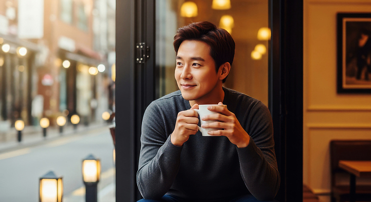 JPG 편집이미지 남자 커피 생각 창문 아침 휴식 거리 풍경 카페 시간 분위기 편안함 오브젝트 샹들리에 의료성형뷰티 편집실사 AI인물포토 AI콘텐츠 주간 음료 컨셉 조명 사람 상점 감각 CG 파일형식 AI포토