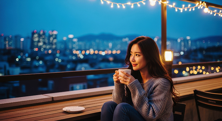 JPG 편집이미지 여자 여유 야경 조명 대화 미소 친구 카페 발코니 도시 분위기 저녁 편안함 따뜻한음료 의료성형뷰티 편집실사 AI인물포토 AI콘텐츠 감정 음료 컨셉 관계 표정 말하기 사람 상점 감각 야간 CG 파일형식 풍경_경치 AI포토