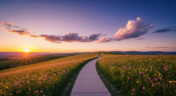 JPG 편집이미지 꽃 길 컬러 자연 하늘 바람 조명 풍경 초원 평화 걷기 고요 일몰 편집실사 AI포토 AI콘텐츠 자연요소 식물 컨셉 모션 날씨 노을 CG 생태계 파일형식