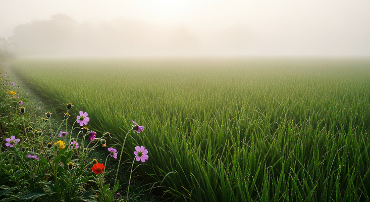 JPG 편집이미지 꽃 모래 농업 자연 생명 아침 거리 논 풍경 초록색 평화 환경 안개 성장 쌀 편집실사 AI포토 AI콘텐츠 주간 식물 산업 컬러 컨셉 날씨 곡류 CG 생태계 파일형식