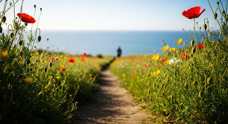 JPG 편집이미지 꽃 길 바다 자연 사람 풍경 해변 여름 산책 들꽃 양귀비 블루스카이 색감 편집실사 AI포토 AI콘텐츠 식물 계절 휴식 CG 생태계 파일형식