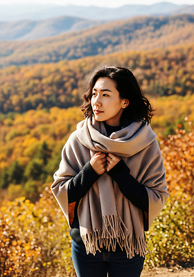 JPG 편집이미지 여자 여행 단풍 자연 휴식 나뭇잎 산 풍경 고요 외투 가을 사색 뷰티풀 의료성형뷰티 홀로라이프 편집실사 AI인물포토 AI콘텐츠 라이프스타일 계절 컨셉 상의 잎 생각 사람 CG 생태계 파일형식 AI포토