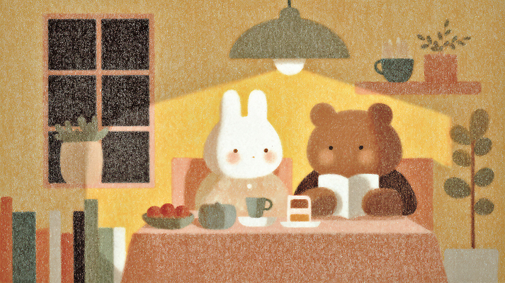 JPG 동물 행복 일러스트 곰 탁자 티타임 디저트 조명 함께함 따뜻함 대화 친구 인테리어 식사 방 토끼 차 저녁 편안함 그림 순간 국내일러스트 AI일러스트 AI콘텐츠 디자인 감정 음료 음식 가구 컨셉 포유류 관계 휴식 말하기 반려동물 감각 야간 파일형식