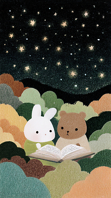 JPG 나무 별 컬러 일러스트 곰 자연 하늘 동화 이야기 풍경 책 친구 독서 고요 토끼 밤 숲 편안함 별빛 국내일러스트 AI일러스트 AI콘텐츠 자연요소 식물 동물 포유류 관계 빛 반려동물 견과류 감각 생태계 파일형식