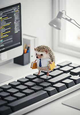 JPG 동물 편집이미지 가방 컴퓨터 사무실 귀여움 키보드 작업 책상 고슴도치 소프트웨어 프로그래밍 코딩 이미지편집 AI컴퓨터그래픽 AI콘텐츠 잡화 가구 컨셉 비즈니스 포유류 전자제품 개발 컴퓨터교육 파일형식