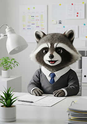 JPG 식물 동물 편집이미지 캐릭터 비즈니스 정장 사무실 귀여움 책상 화이트보드 너구리 코스프레 이미지편집 AI컴퓨터그래픽 AI콘텐츠 옷 가구 컨셉 포유류 파일형식